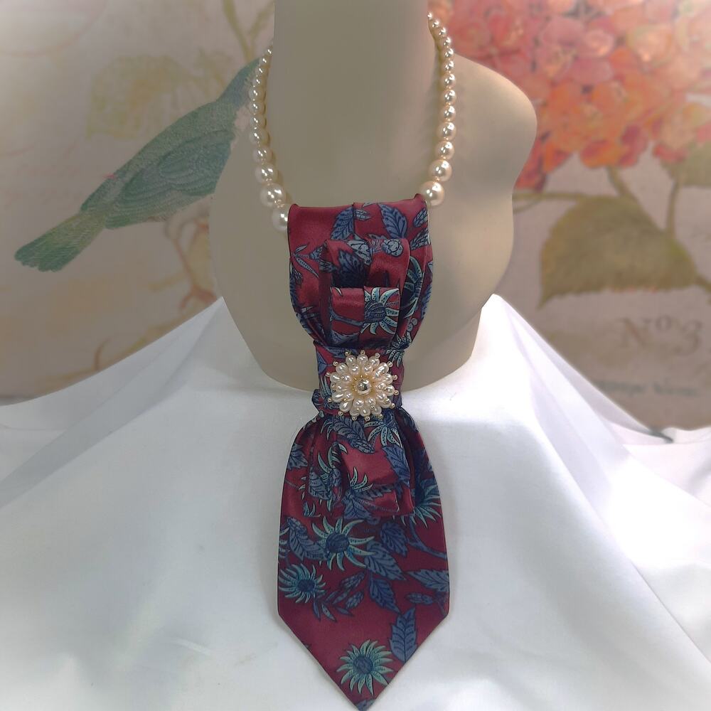 Artisan Adolfo Tie Pendant Vintage Pearl Beaded Necklace Floral Silk Blend NEW